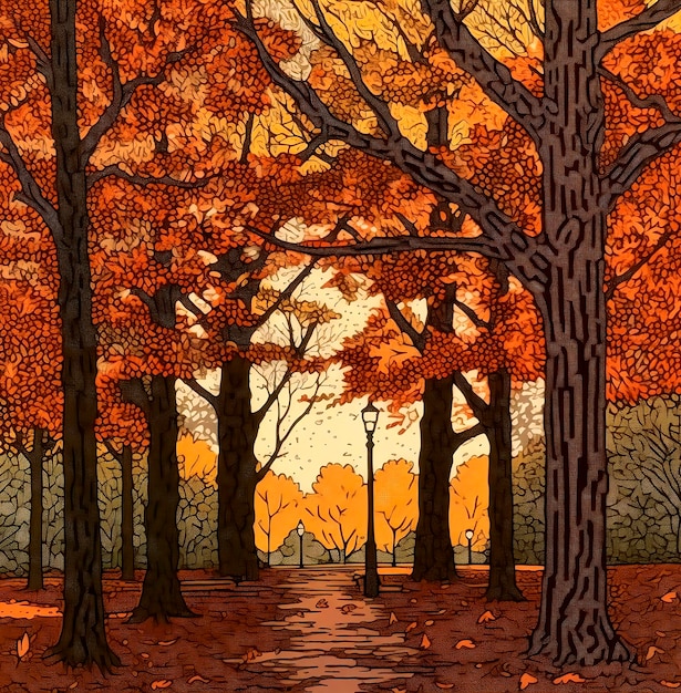 Рисунок дорожки в парке с деревьями и фонарным столбом.