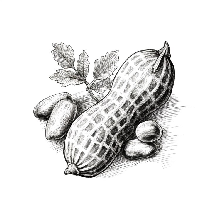 फोटो a drawing of a peanut and some leaves on a table generative ai