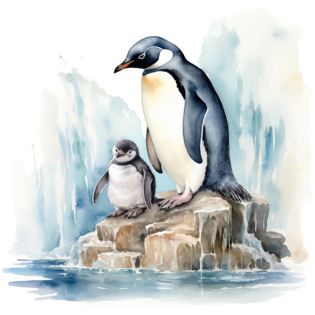 a drawing of a penguin and a penguin on a rock.