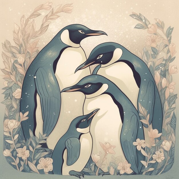 A drawing of penguins with flowers and leaves on the bottom.