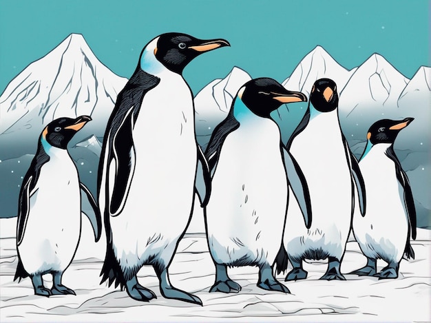 A drawing of penguins with mountains in the background