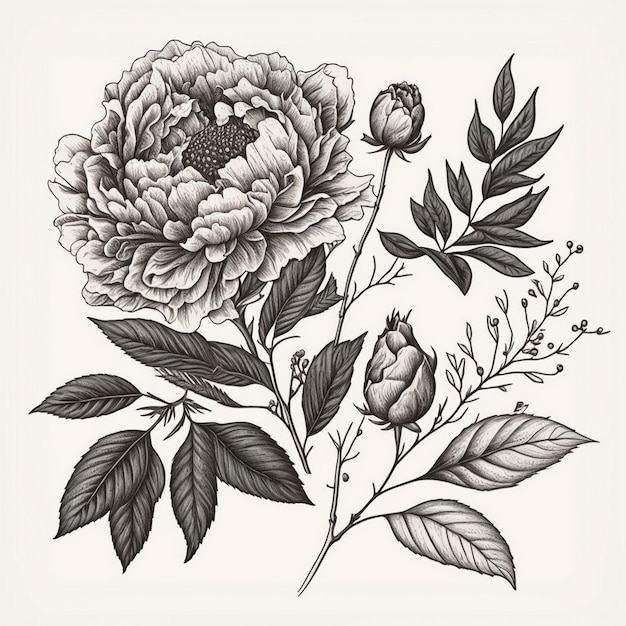 A drawing of peonies and leaves with the word peony on it.