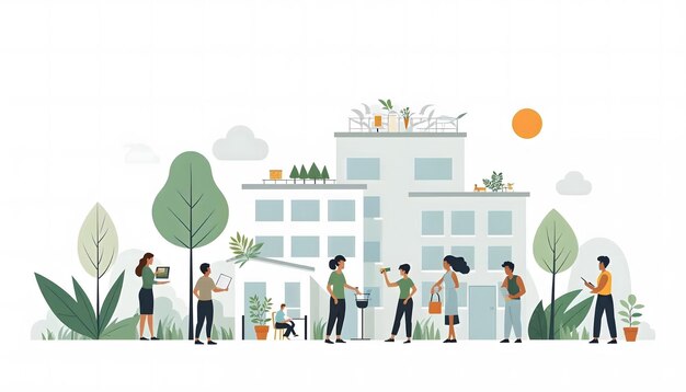 Photo a drawing of people in a city with plants and trees