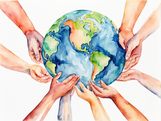 a drawing of people holding a globe with the world around it