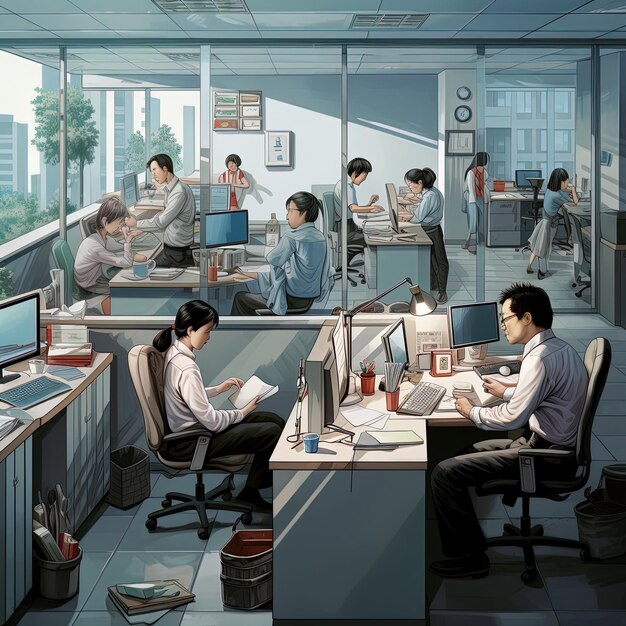 a drawing of people in an office with a man reading a book