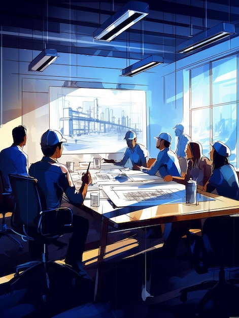 a drawing of people in a room with a picture of a cityscape in the background