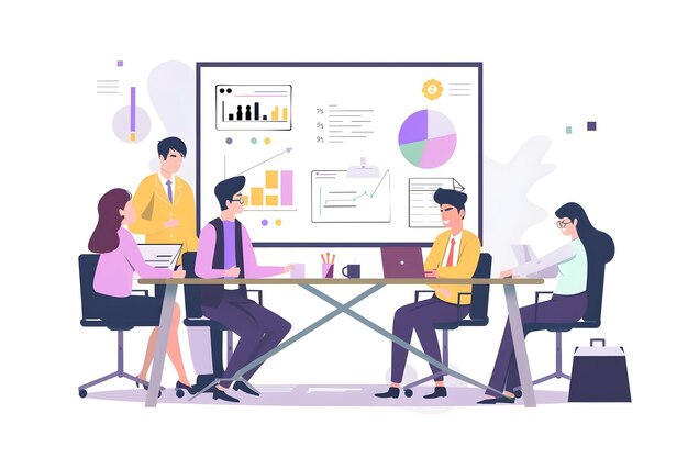 a drawing of people working in front of a board with charts on it