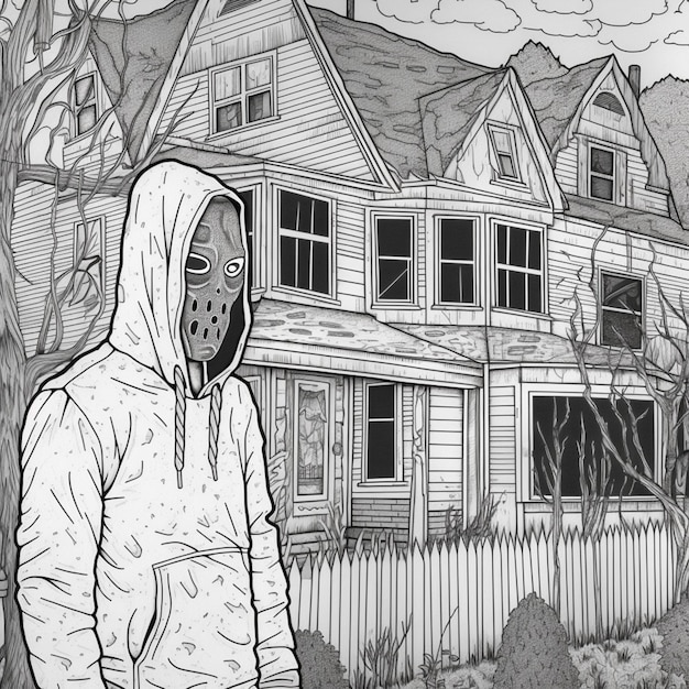 A drawing of a person in a hoodie standing in front of a house generative ai