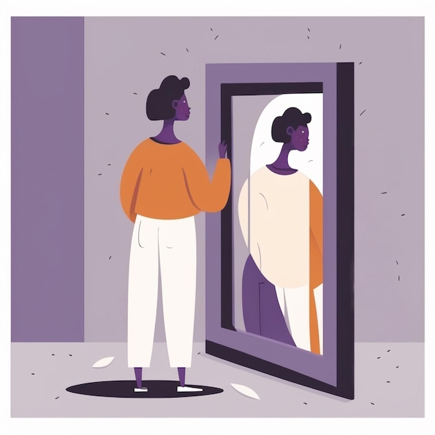 A drawing of a person looking at a mirror