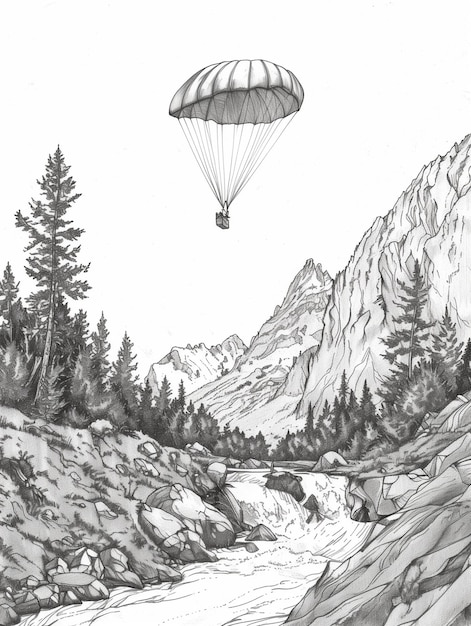 a drawing of a person parasailing over a mountain stream generative ai