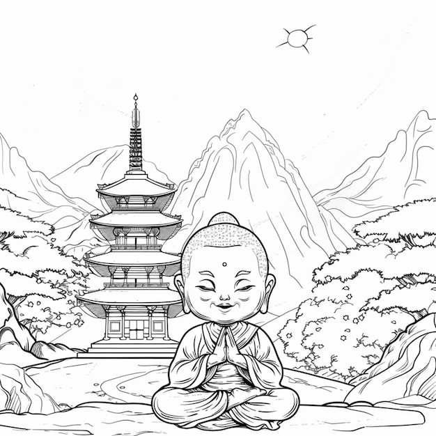 a drawing of a person sitting in a lotus position in front of a pagoda generative ai