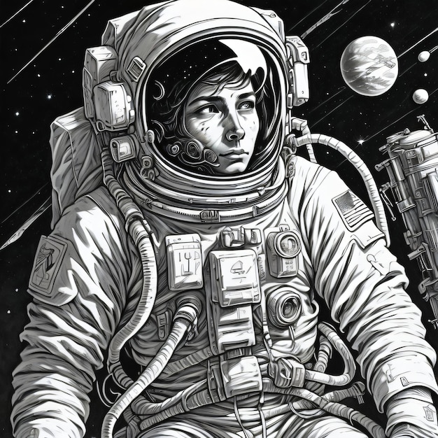 月を背景にした宇宙服を着た人の絵
