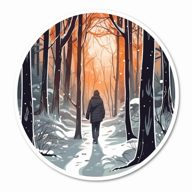 Photo a drawing of a person walking in a snowy forest.