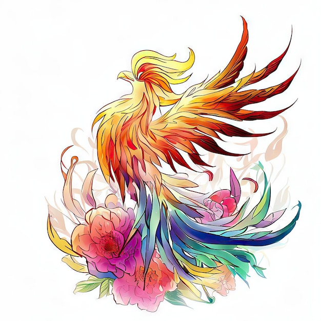 A drawing of a phoenix bird with flowers and the word phoenix on it.