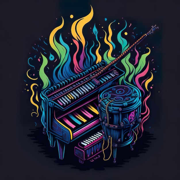 A drawing of a piano with a colorful light on it