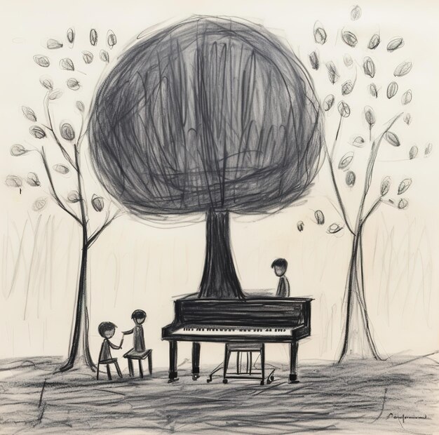 A drawing of a piano with a man and a tree on the top