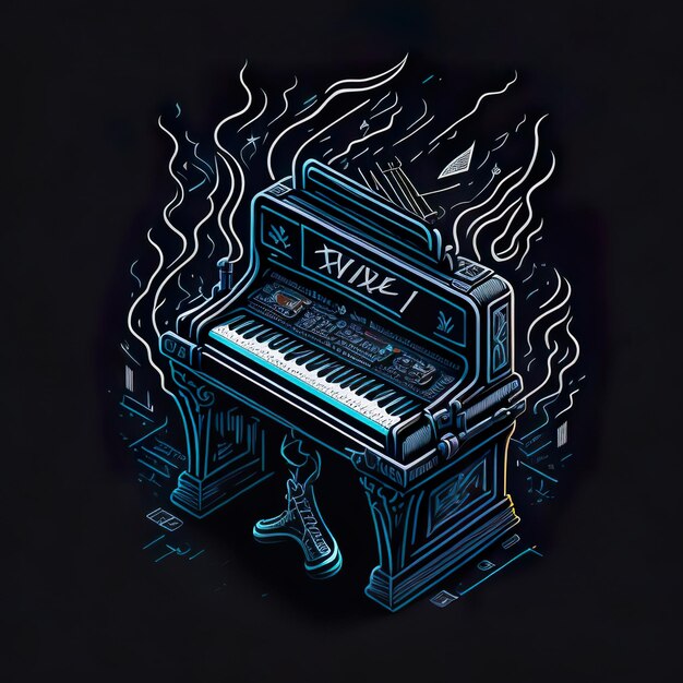 A drawing of a piano with the word virt on it