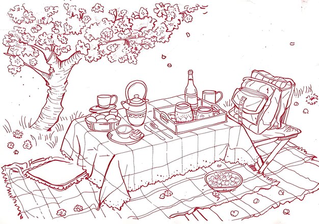Photo drawing of a picnic table with a picnic basket and a bottle of wine