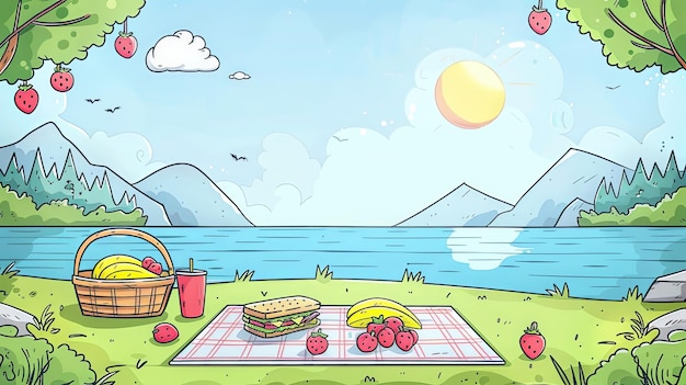 Photo a drawing of a picnic with a basket of fruit and a basket of bananas