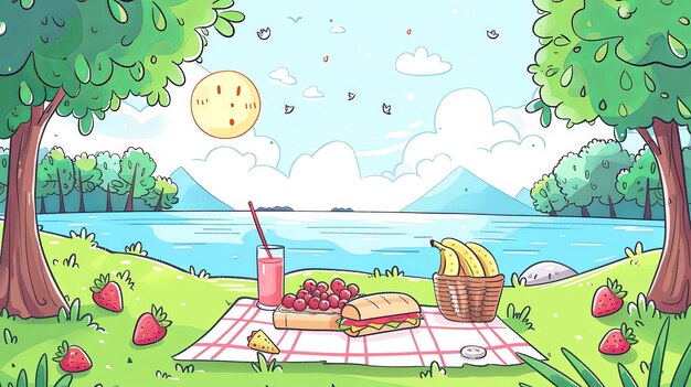 Photo a drawing of a picnic with a picnic basket and fruit on it