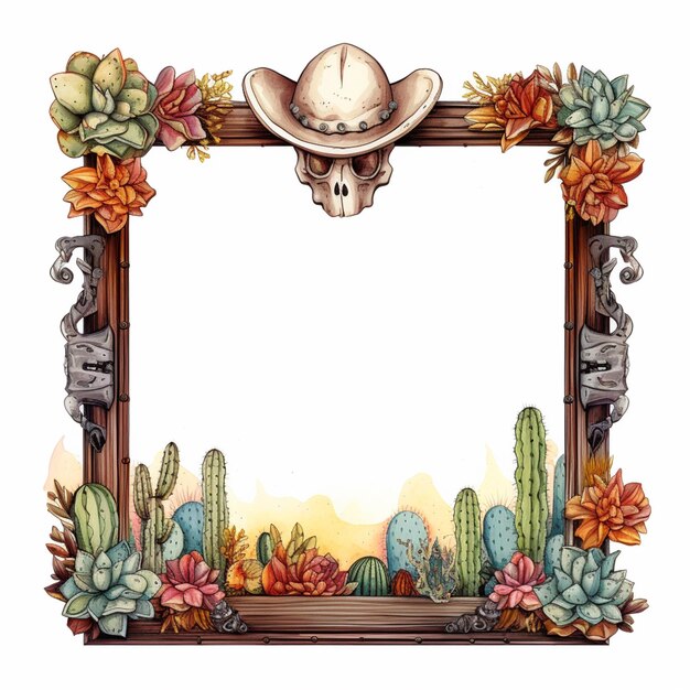 a drawing of a picture frame with a cowboy skull and cactus generative ai