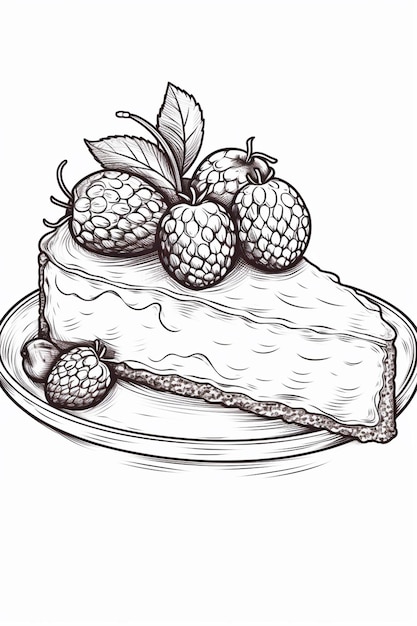 Foto il disegno di una fetta di torta con sopra i lamponi ai generativi