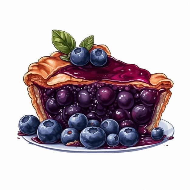 a drawing of a piece of pie with blueberries on a plate generative ai