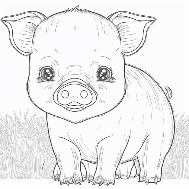 Photo a drawing of a pig standing in the grass generative ai