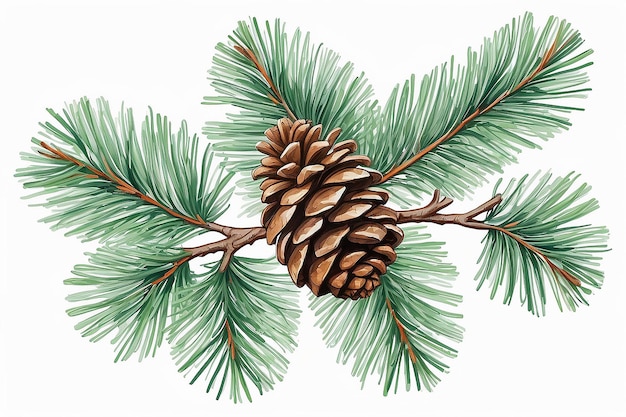 A drawing of a pine cone on a branch with leaves generative ai