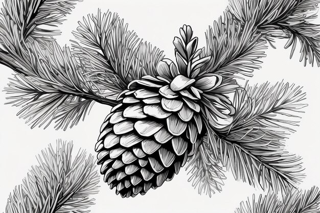 A drawing of a pine cone on a branch with leaves generative ai