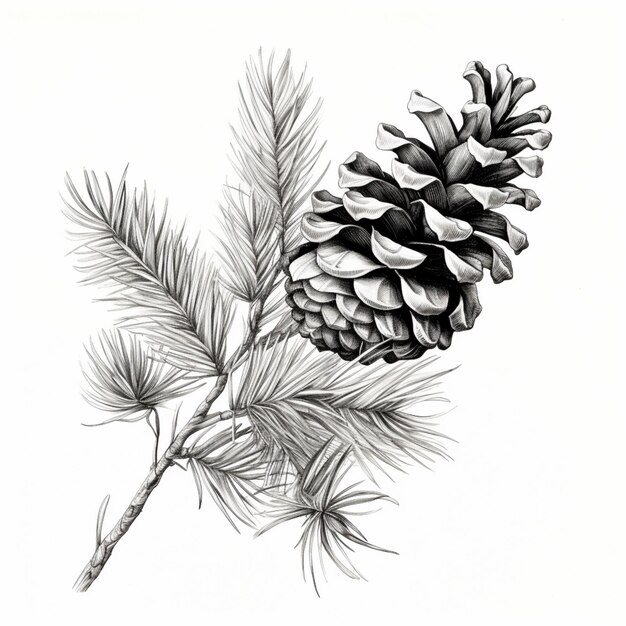 Photo a drawing of a pine cone on a branch with needles generative ai