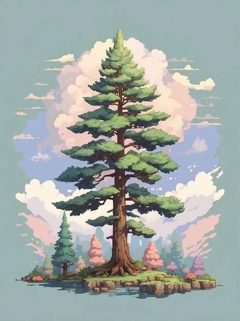 a drawing of a pine tree with a sky in the background