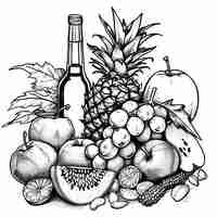 Photo a drawing of a pineapple and a bottle of wine