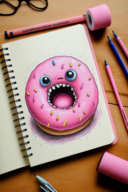 A drawing of a pink donut with a pink face.