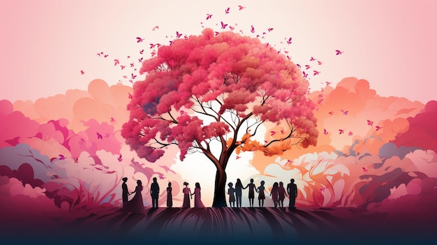 Drawing of a pink tree with women walking under it