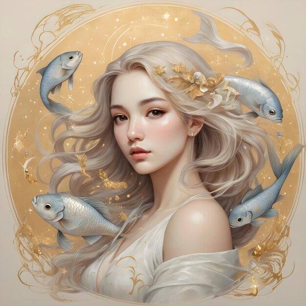 魚座の女性を描いた星座の魚座の絵