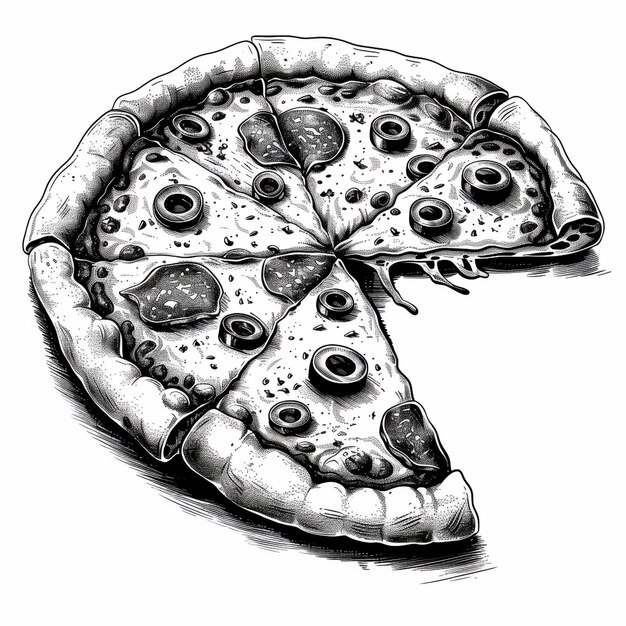 a drawing of a pizza with a slice missing