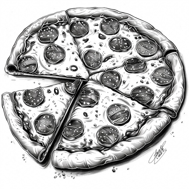 a drawing of a pizza with a slice missing