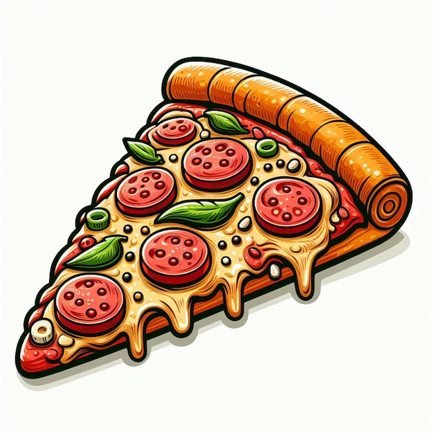 a drawing of a pizza with a slice of pizza with tomatoes and cheese