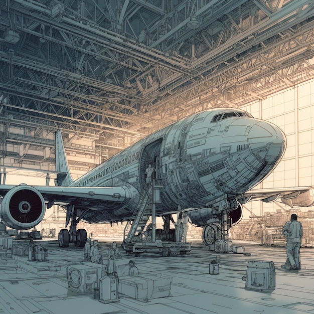 Photo a drawing of a plane in a hangar with a man standing in front of it.