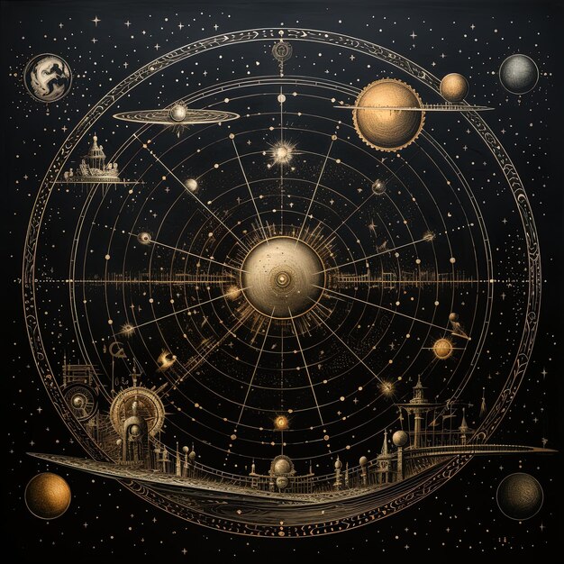 Photo a drawing of a planet with planets and stars