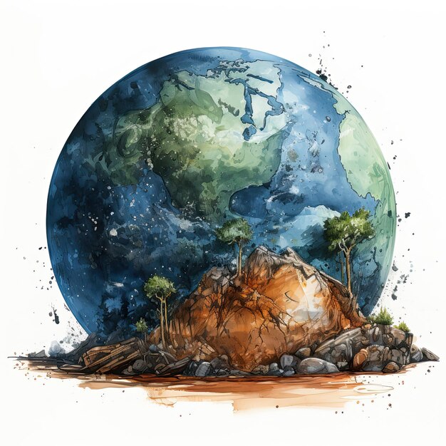 Photo a drawing of a planet with trees and rocks.