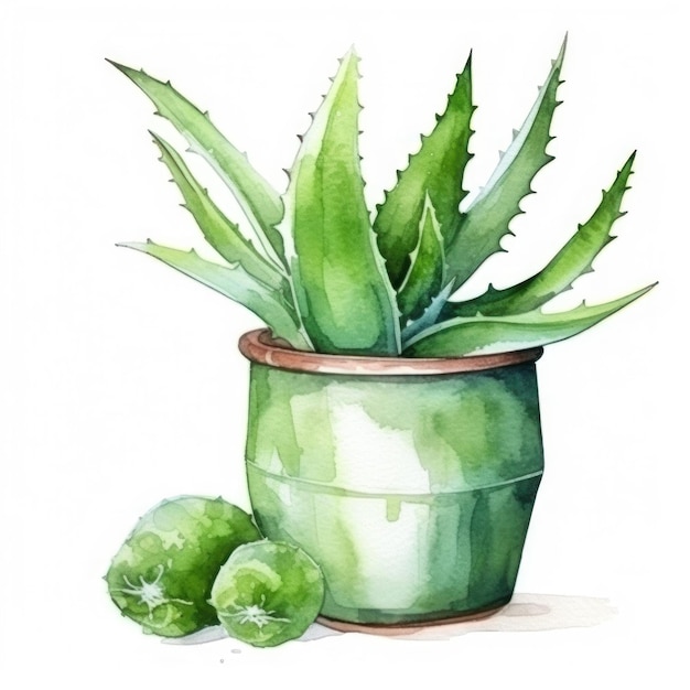 植物とその上に植物が描かれた鉢の絵