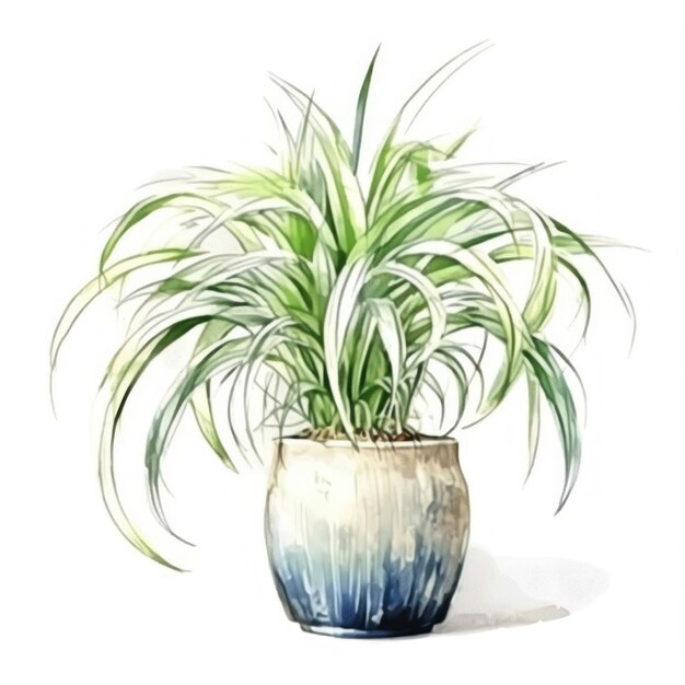 a drawing of a plant with a blue and white vase.