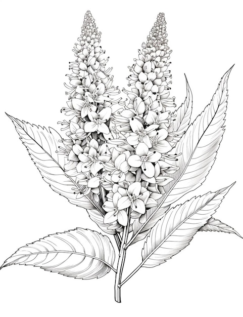 a drawing of a plant with flowers and leaves generative ai