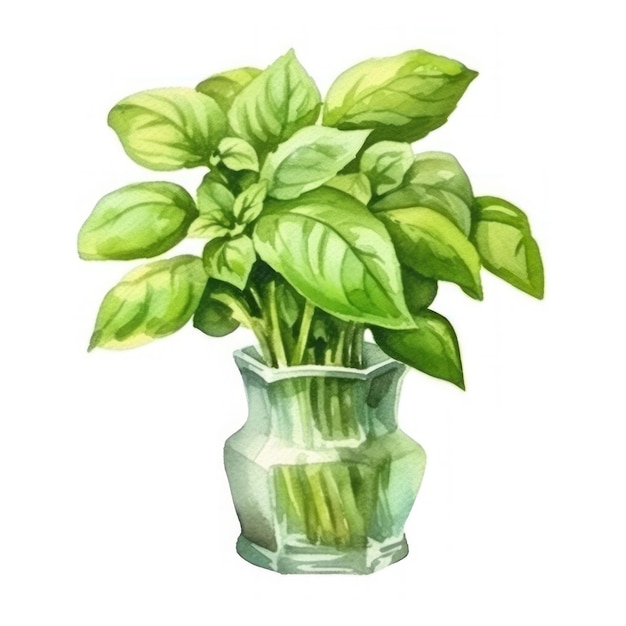 a drawing of a plant with green leaves in a clear vase.