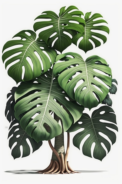 A drawing of a plant with a leaf of a monstera.