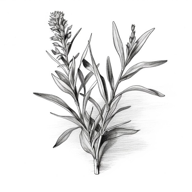 Photo a drawing of a plant with leaves and flowers on a white background generative ai