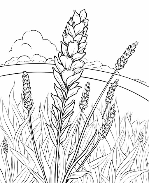 A drawing of a plant with long stems and flowers in a field generative ai