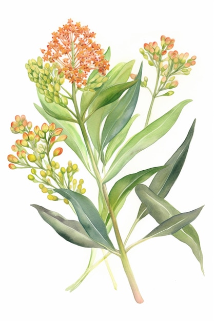 A drawing of a plant with orange flowers and green leaves.